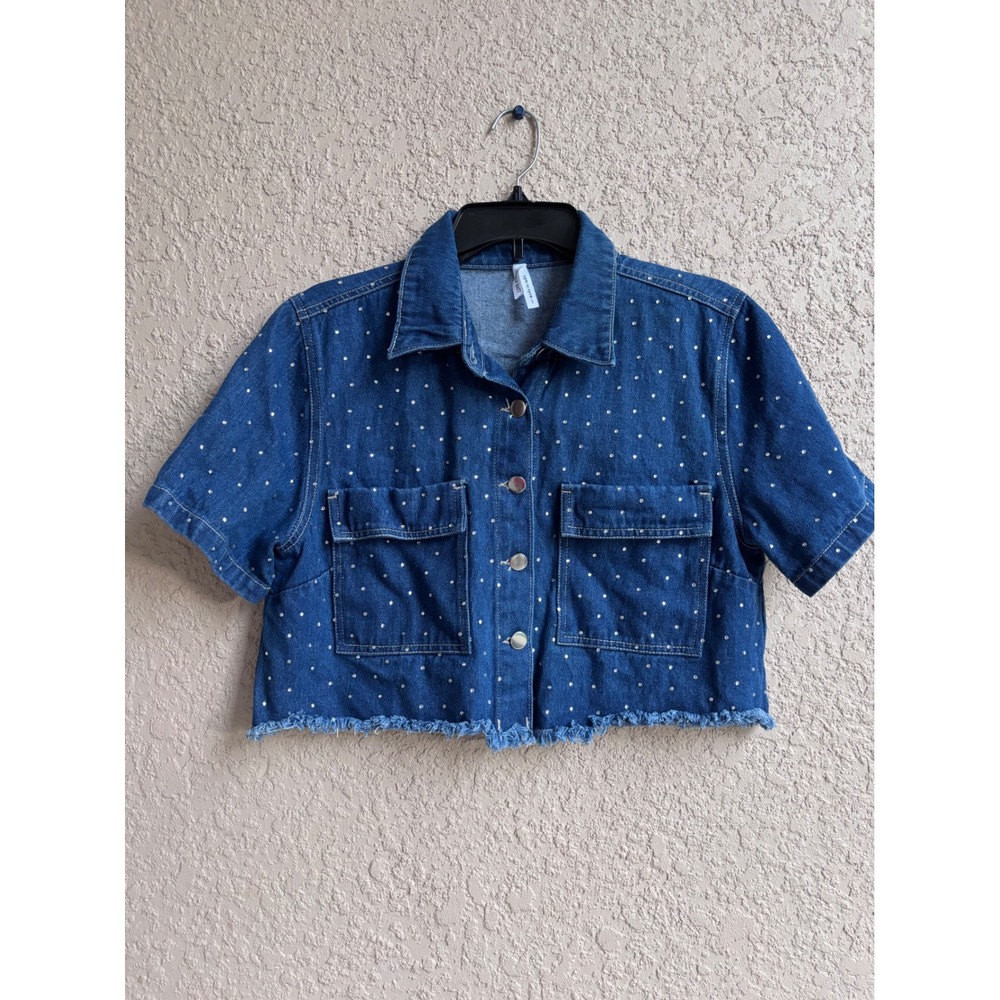 Live 4 Truth Women Large Blue Denim Rhinestone Crop Short Sleeve Shirt Raw Hem